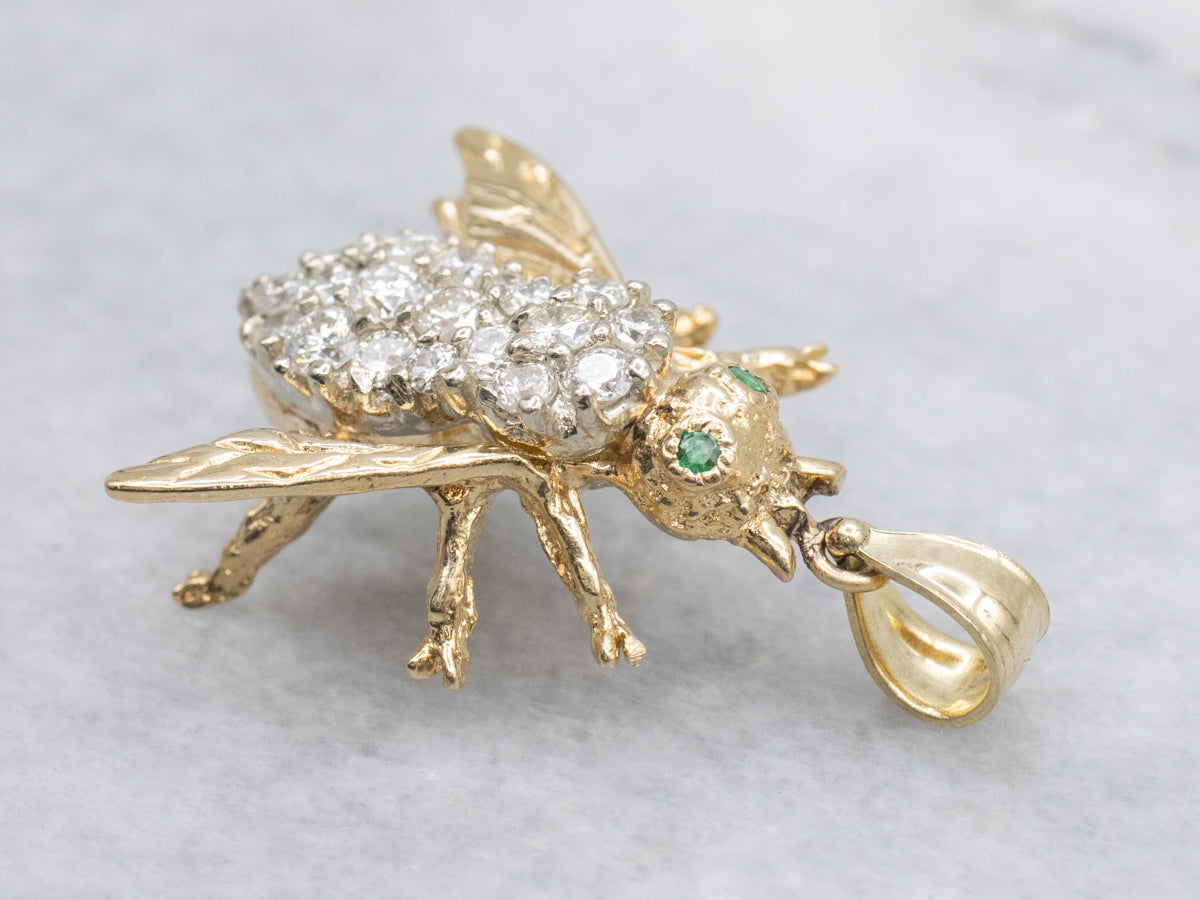 Diamond-Encrusted Bumble Bee Pendant with Emerald Eyes