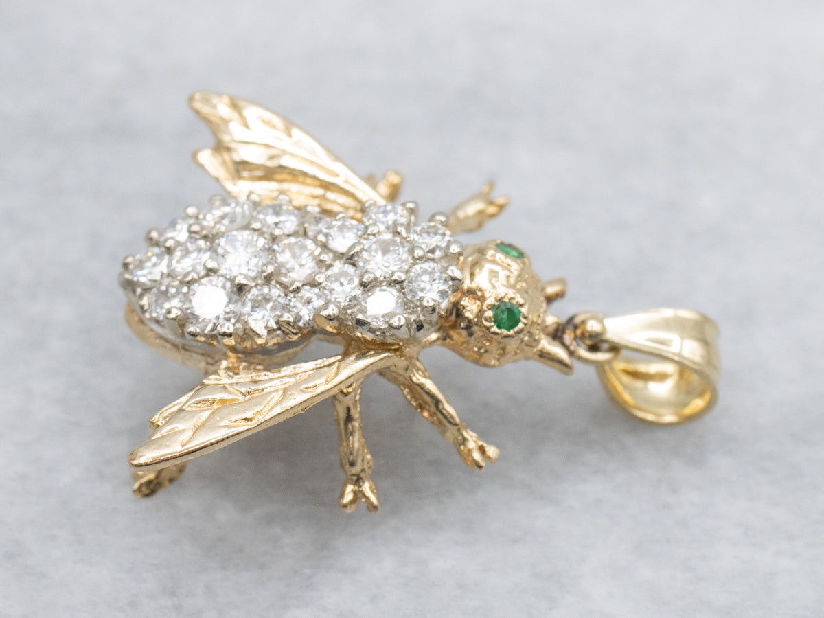 Diamond-Encrusted Bumble Bee Pendant with Emerald Eyes