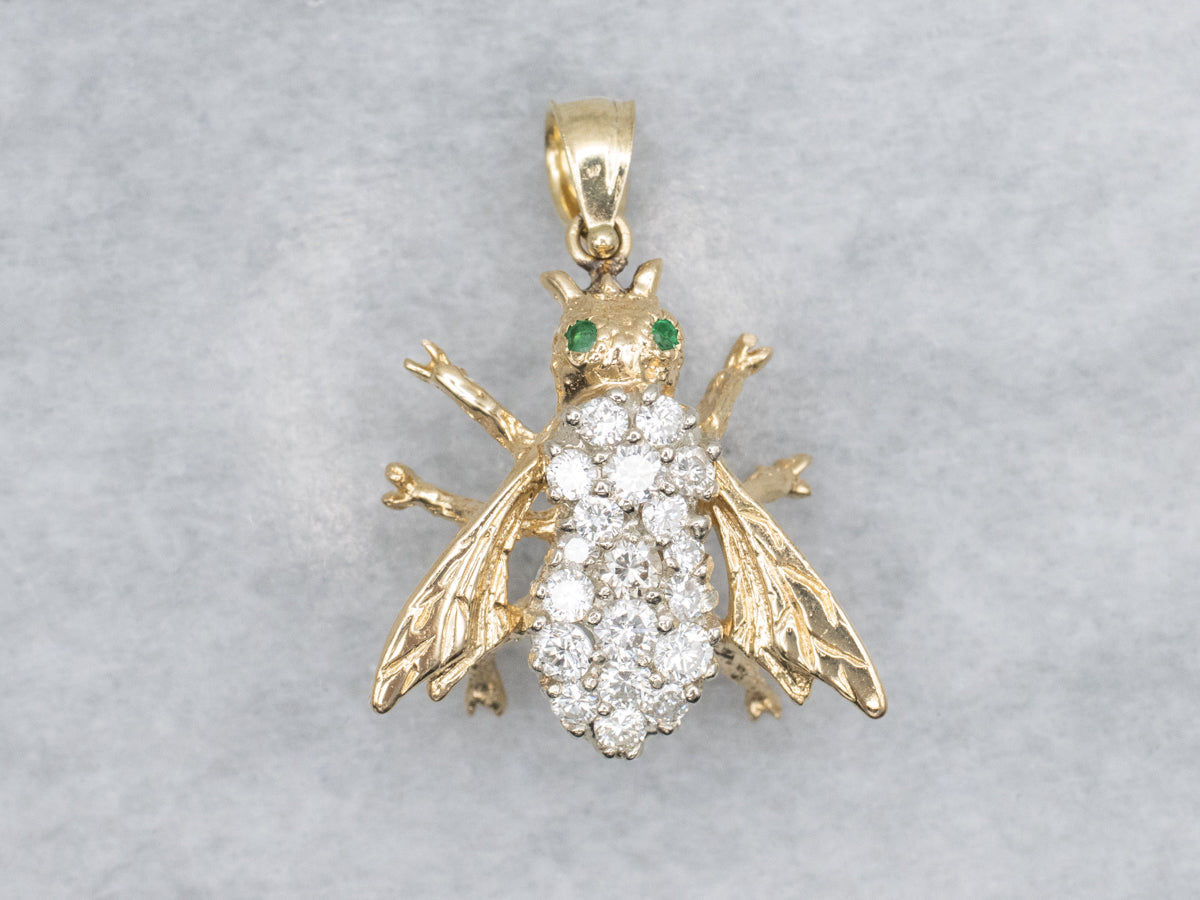 Diamond-Encrusted Bumble Bee Pendant with Emerald Eyes