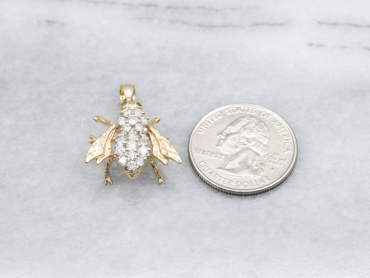 Diamond-Encrusted Bumble Bee Pendant with Emerald Eyes