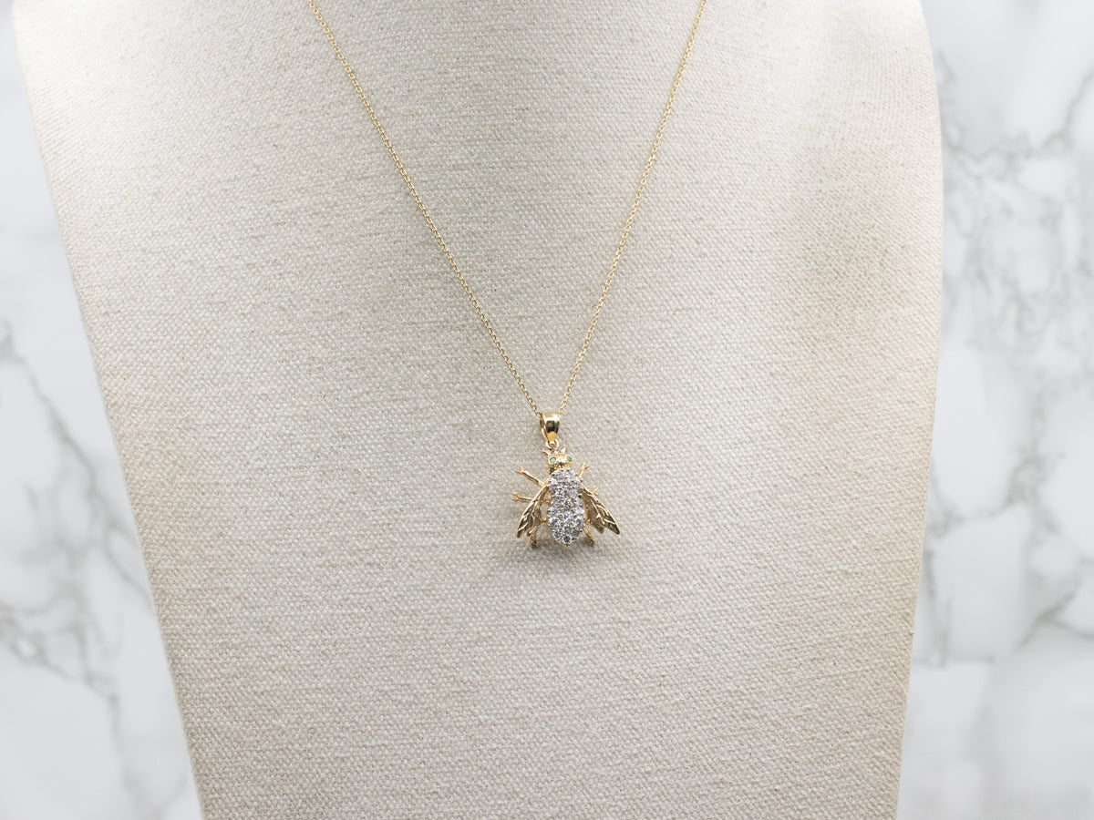 Diamond-Encrusted Bumble Bee Pendant with Emerald Eyes
