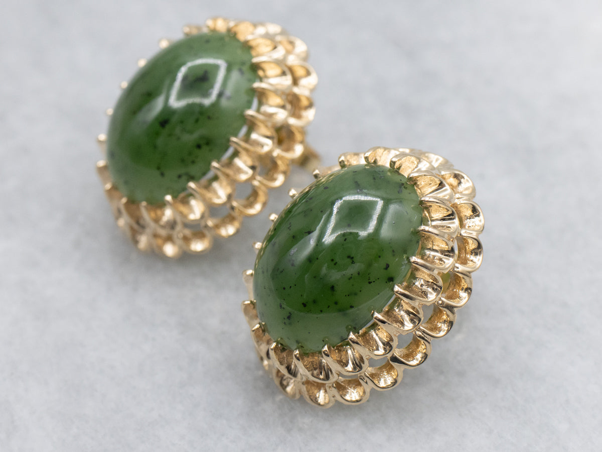 Vintage Nephrite Jade and Scalloped Gold Stud Earrings
