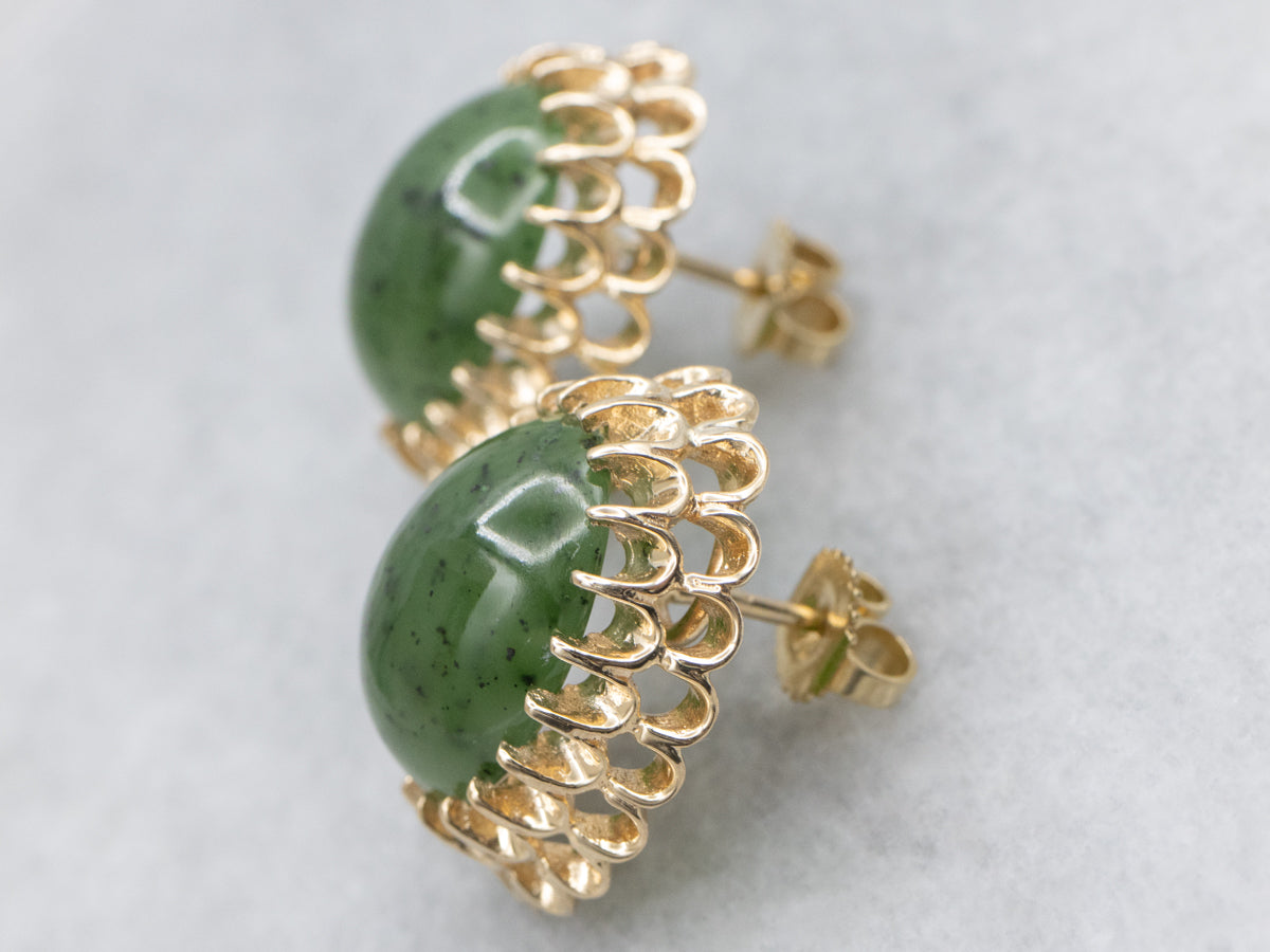 Vintage Nephrite Jade and Scalloped Gold Stud Earrings