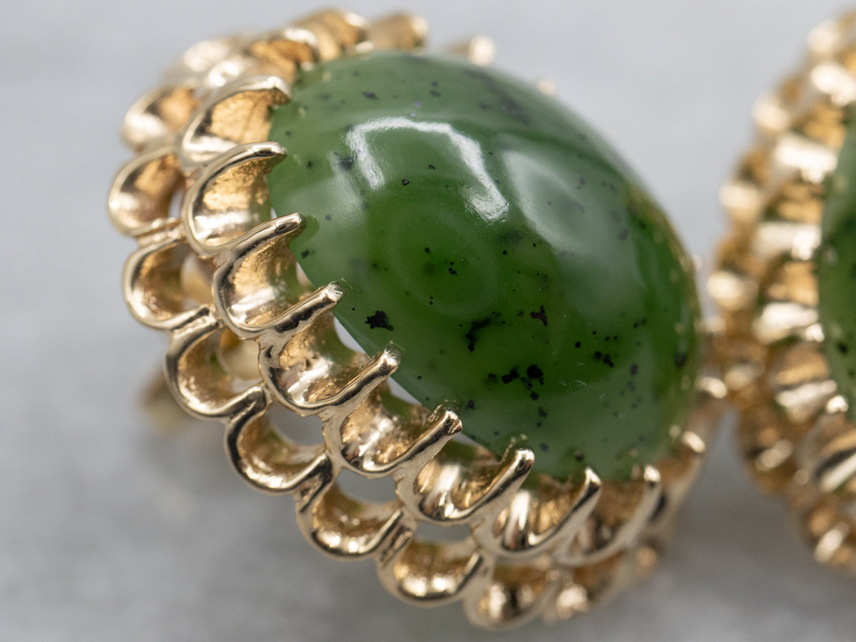 Vintage Nephrite Jade and Scalloped Gold Stud Earrings