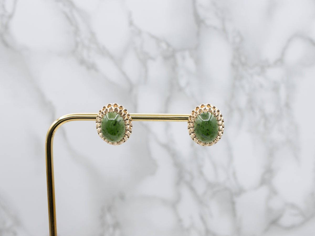 Vintage Nephrite Jade and Scalloped Gold Stud Earrings
