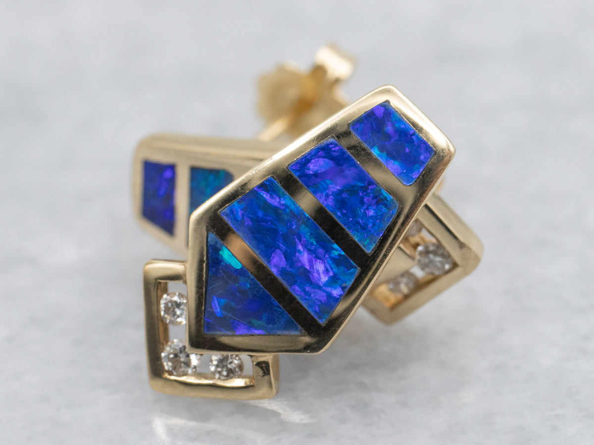 Modern Gold Opal and Diamond Stud Earrings