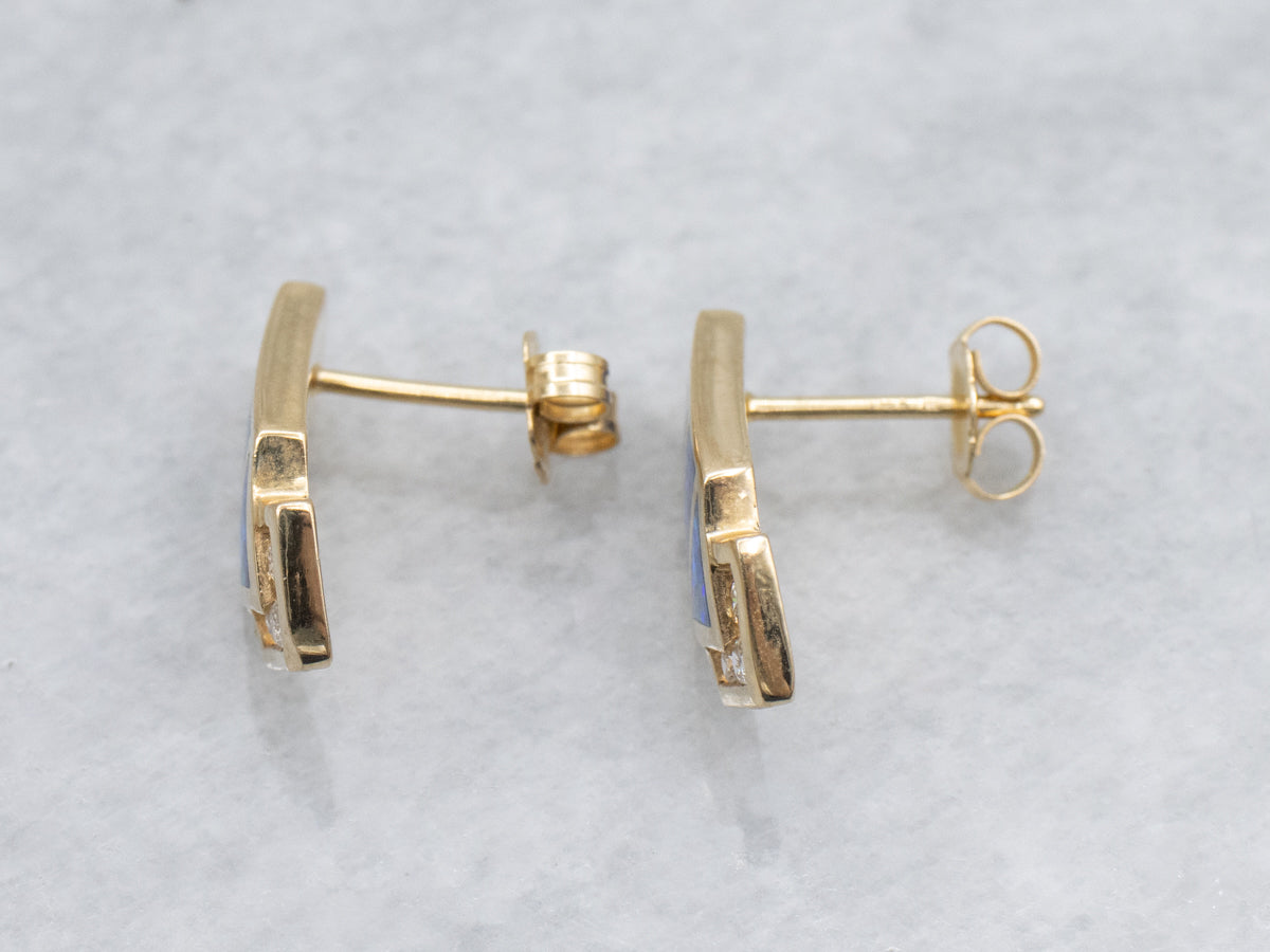 Modern Gold Opal and Diamond Stud Earrings