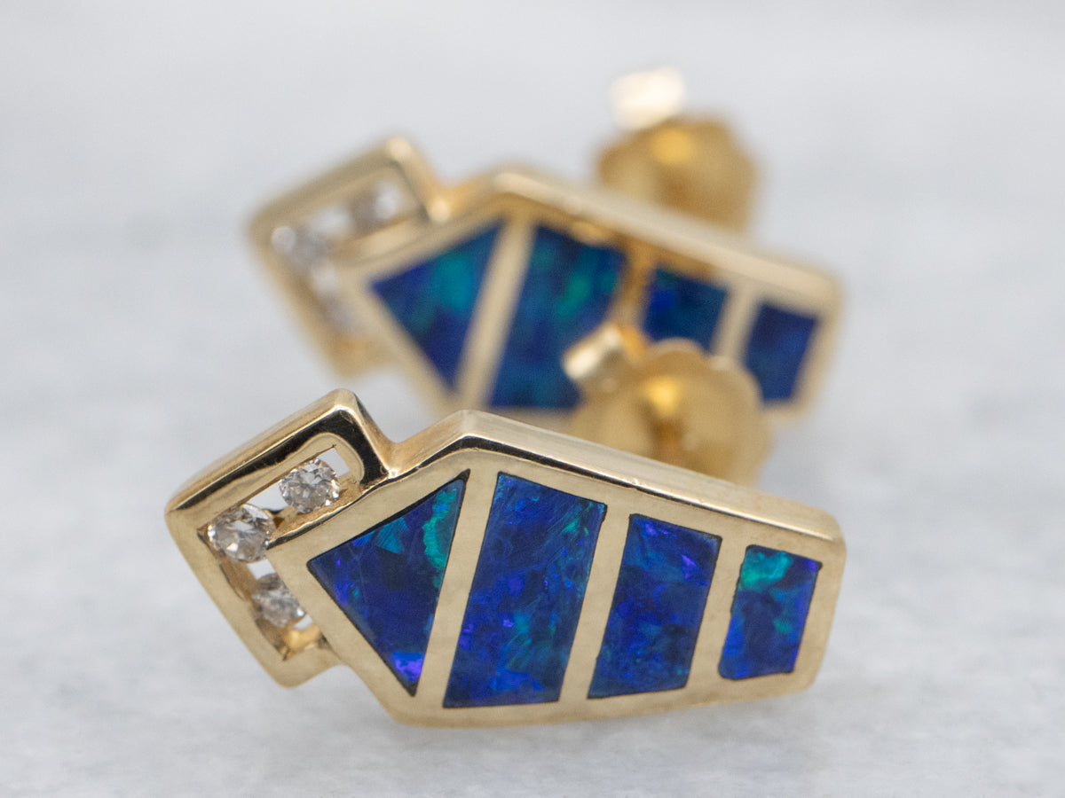 Modern Gold Opal and Diamond Stud Earrings