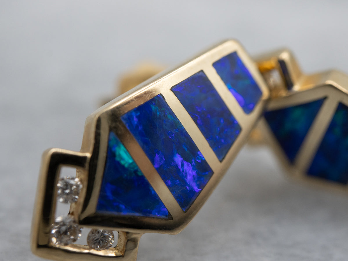 Modern Gold Opal and Diamond Stud Earrings