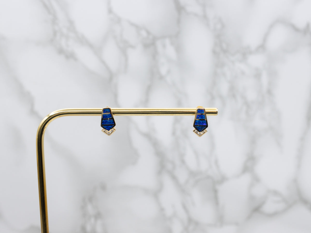 Modern Gold Opal and Diamond Stud Earrings