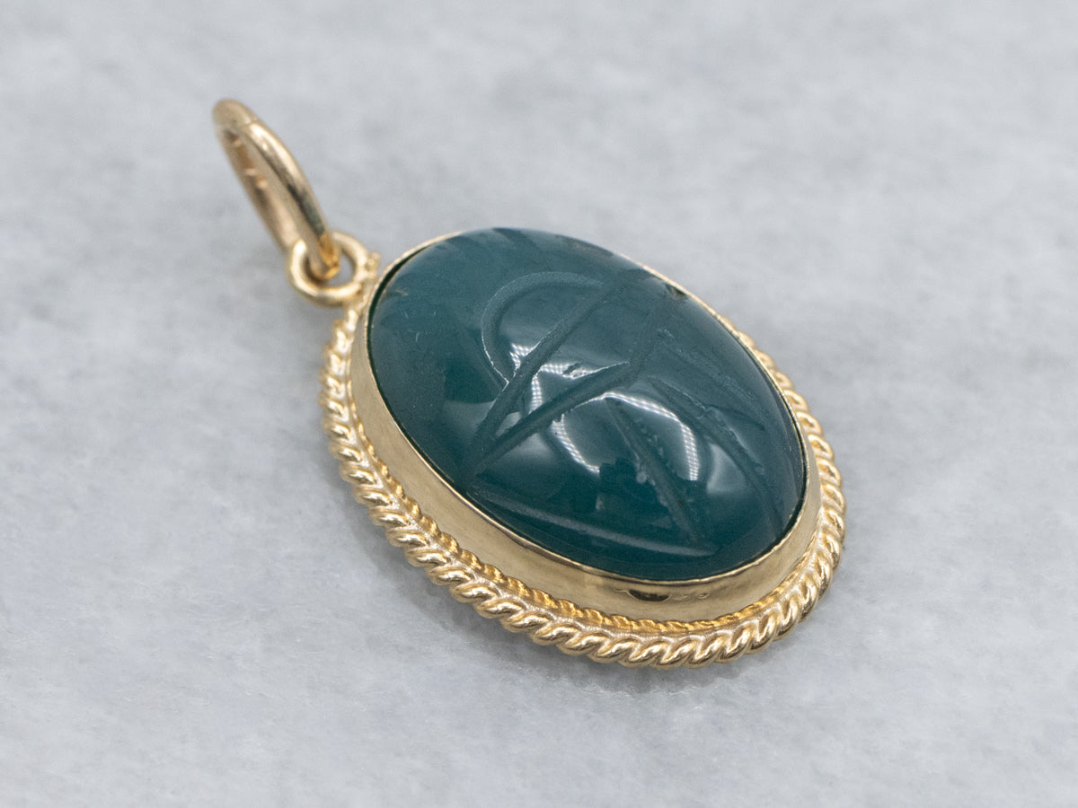 Carved Green Onyx and Gold Scarab Beetle Pendant
