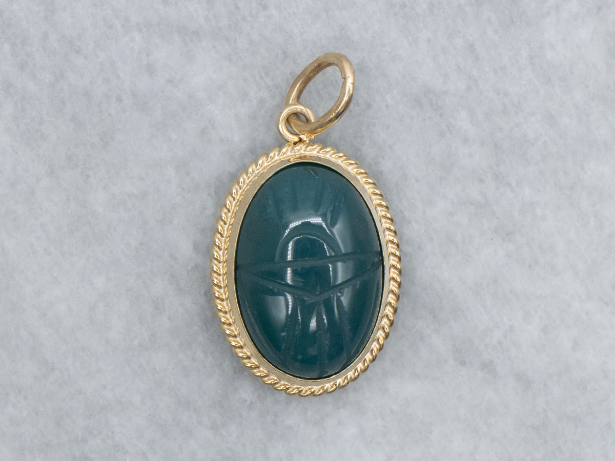 Carved Green Onyx and Gold Scarab Beetle Pendant