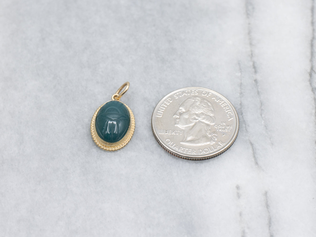 Carved Green Onyx and Gold Scarab Beetle Pendant