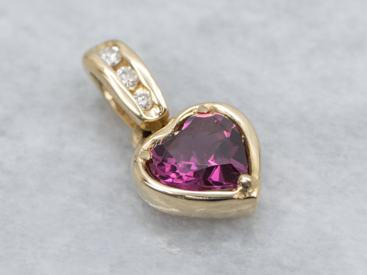 Sweetheart Rhodolite Garnet Diamond and Gold Pendant