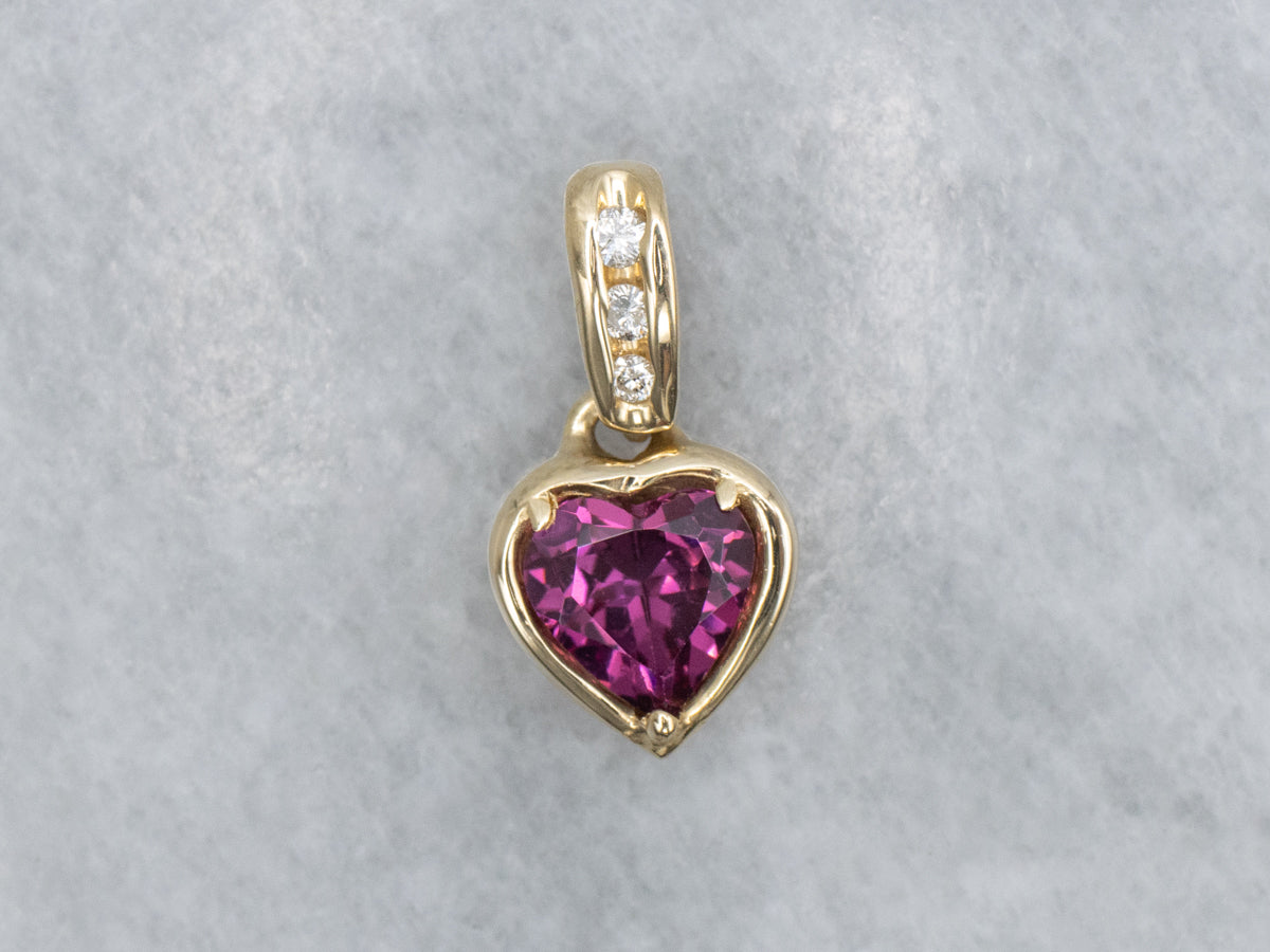 Sweetheart Rhodolite Garnet Diamond and Gold Pendant