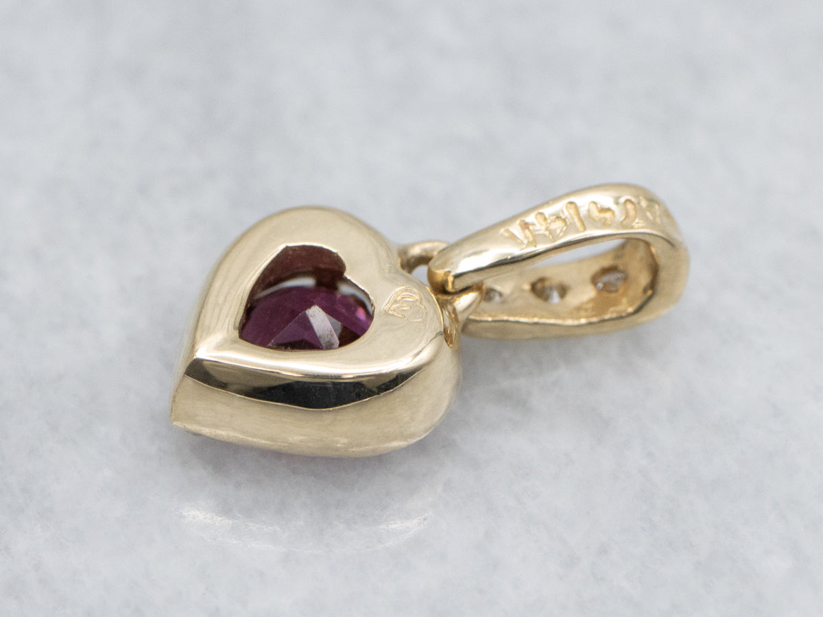 Sweetheart Rhodolite Garnet Diamond and Gold Pendant