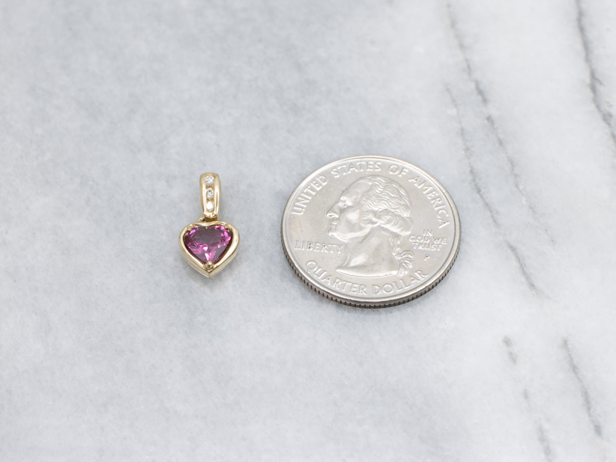 Sweetheart Rhodolite Garnet Diamond and Gold Pendant