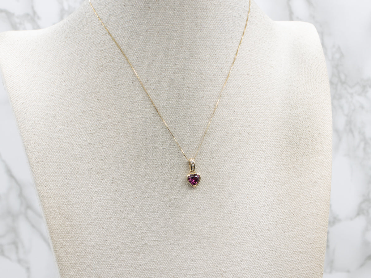 Sweetheart Rhodolite Garnet Diamond and Gold Pendant