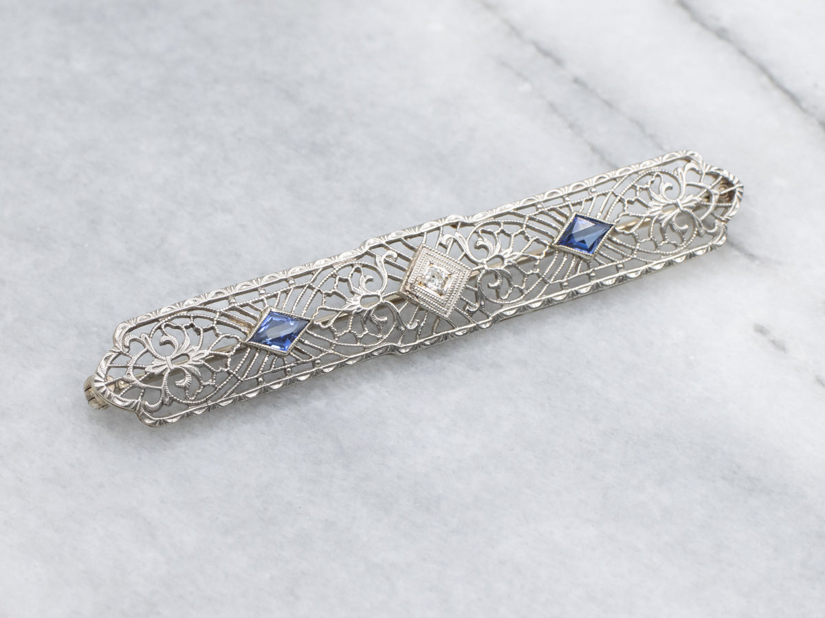 Art Deco Diamond and Synthetic Sapphire White Gold Filigree Pin