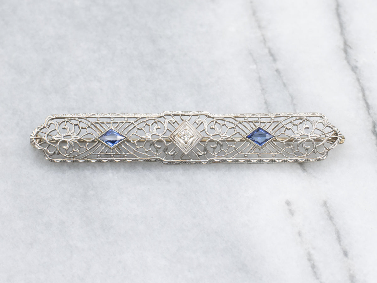 Art Deco Diamond and Synthetic Sapphire White Gold Filigree Pin