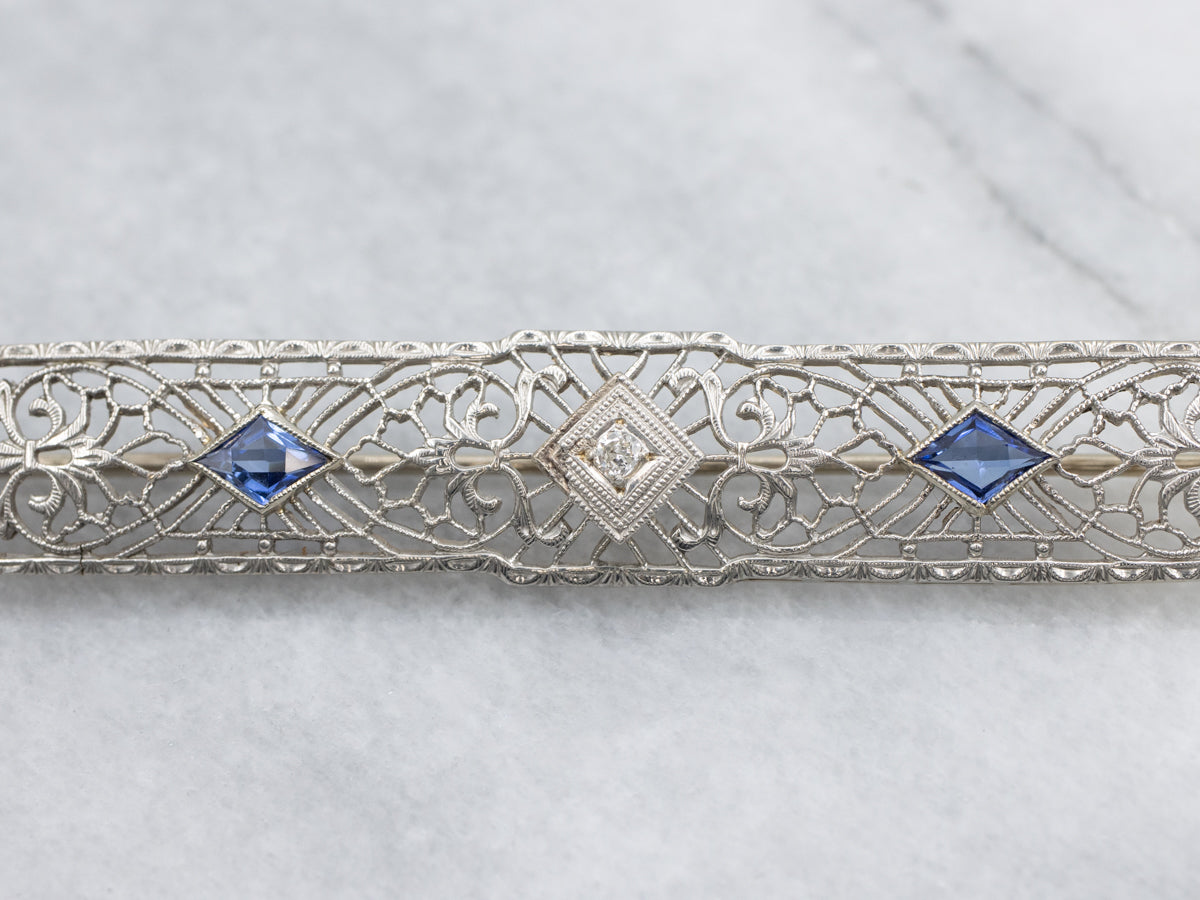 Art Deco Diamond and Synthetic Sapphire White Gold Filigree Pin