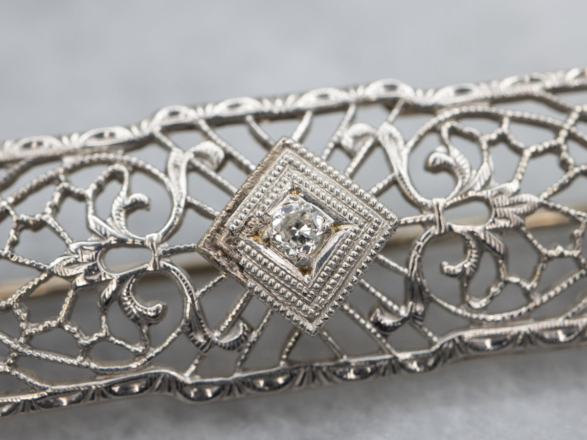 Art Deco Diamond and Synthetic Sapphire White Gold Filigree Pin