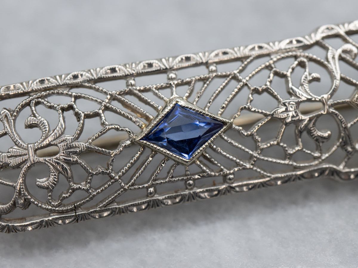Art Deco Diamond and Synthetic Sapphire White Gold Filigree Pin