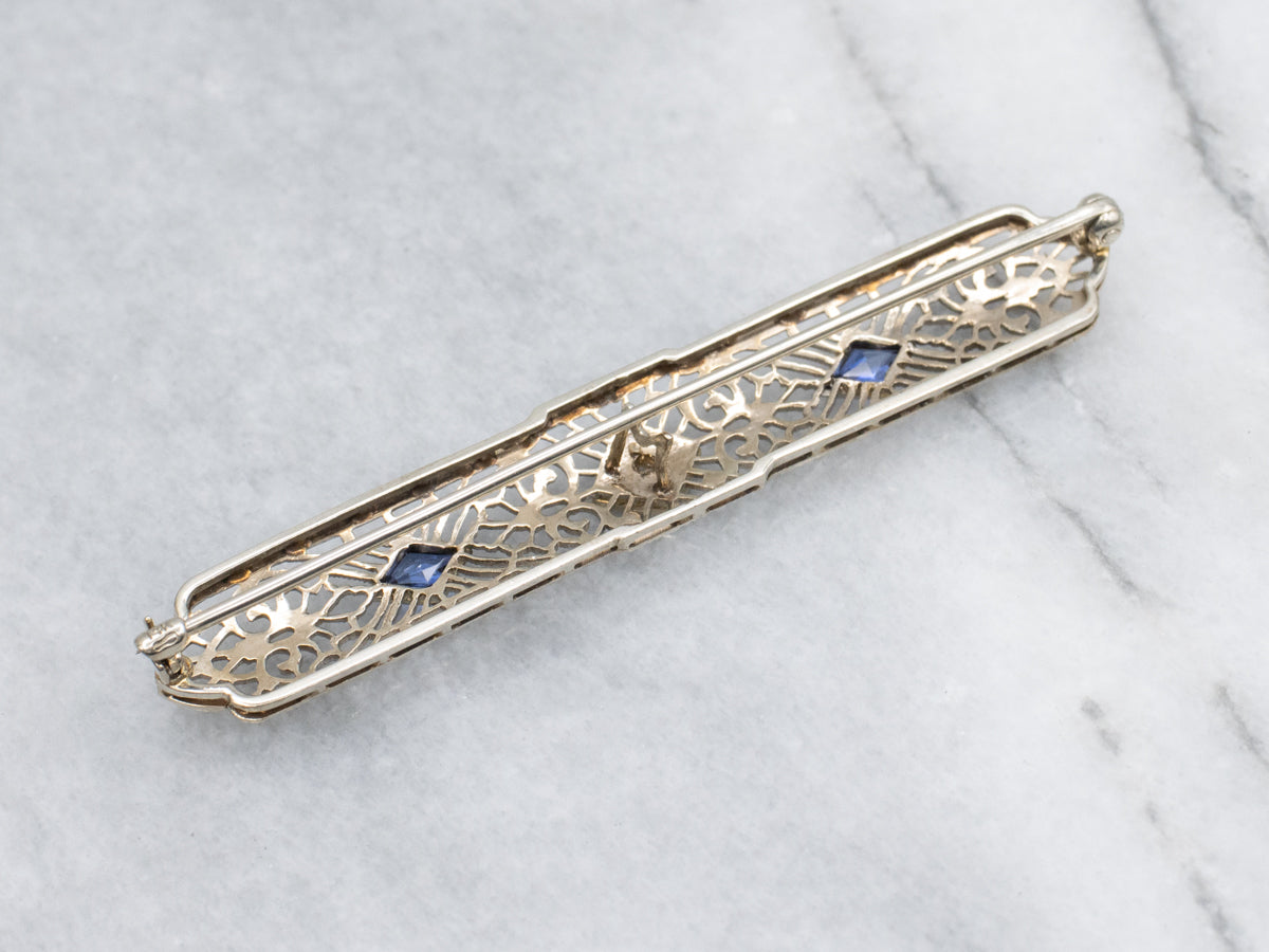 Art Deco Diamond and Synthetic Sapphire White Gold Filigree Pin