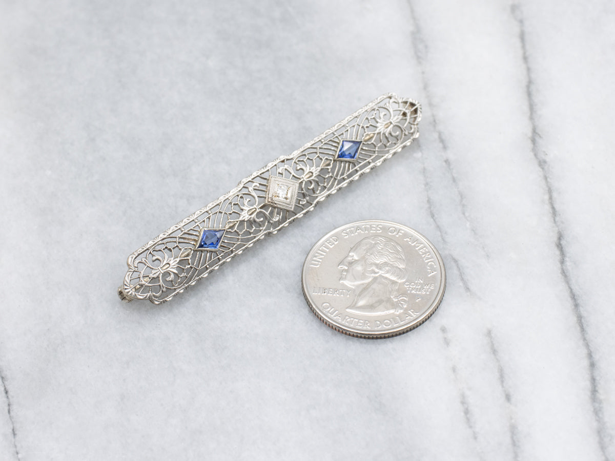 Art Deco Diamond and Synthetic Sapphire White Gold Filigree Pin
