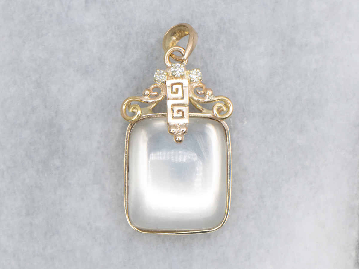 Moonstone Diamond and Gold Greek Key Pattern Pendant