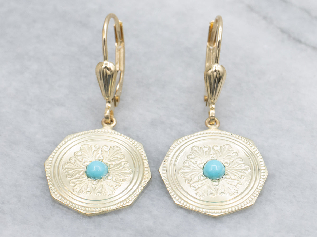 Engraved Gold and Turquoise Cufflink Conversion Drop Earrings