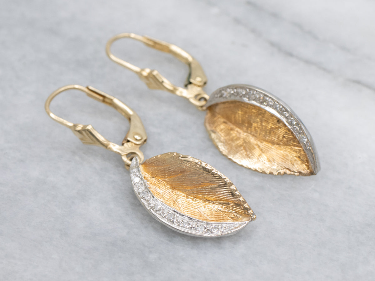 Diamond Tri-Color Gold Leaf Drop Earrings