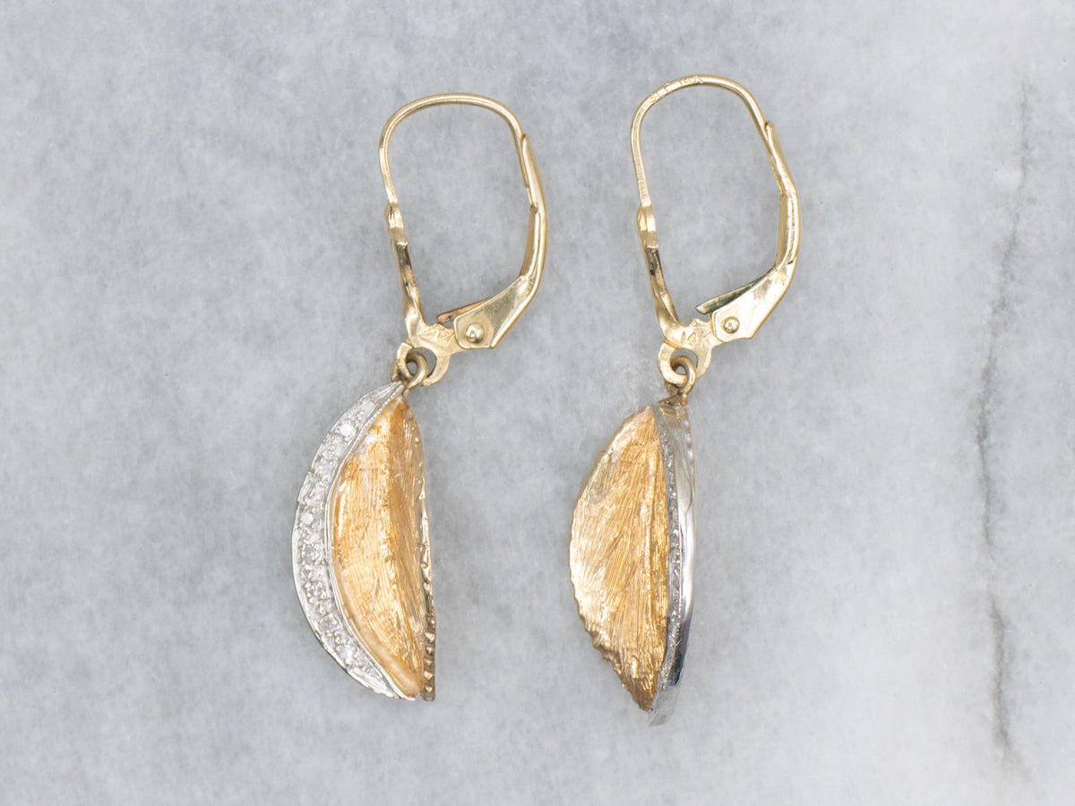Diamond Tri-Color Gold Leaf Drop Earrings