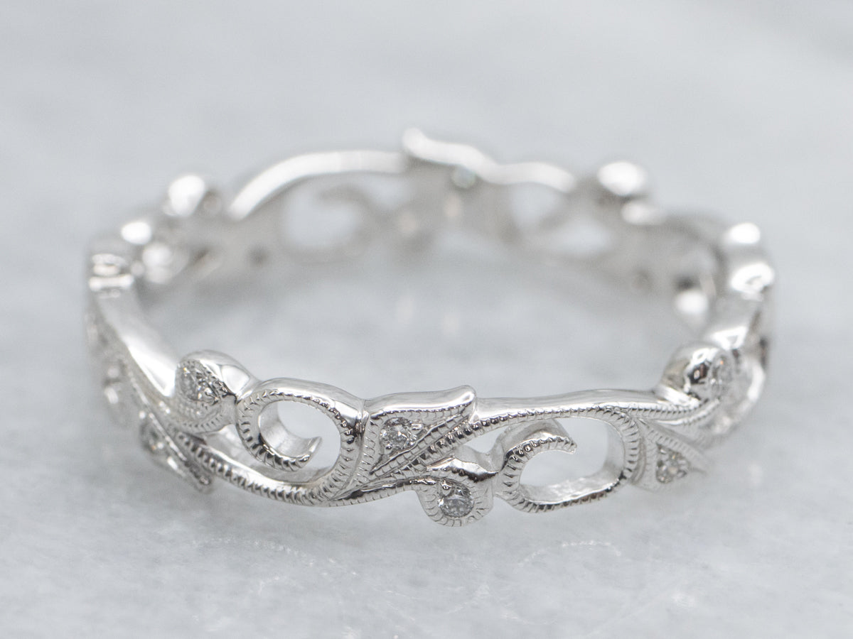 Vine Patterned Diamond White Gold Eternity Band
