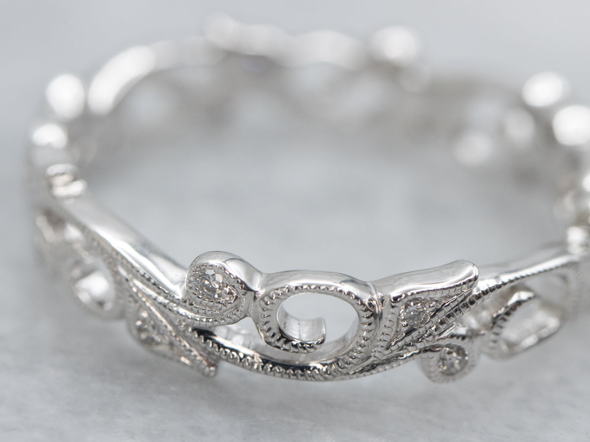 Vine Patterned Diamond White Gold Eternity Band