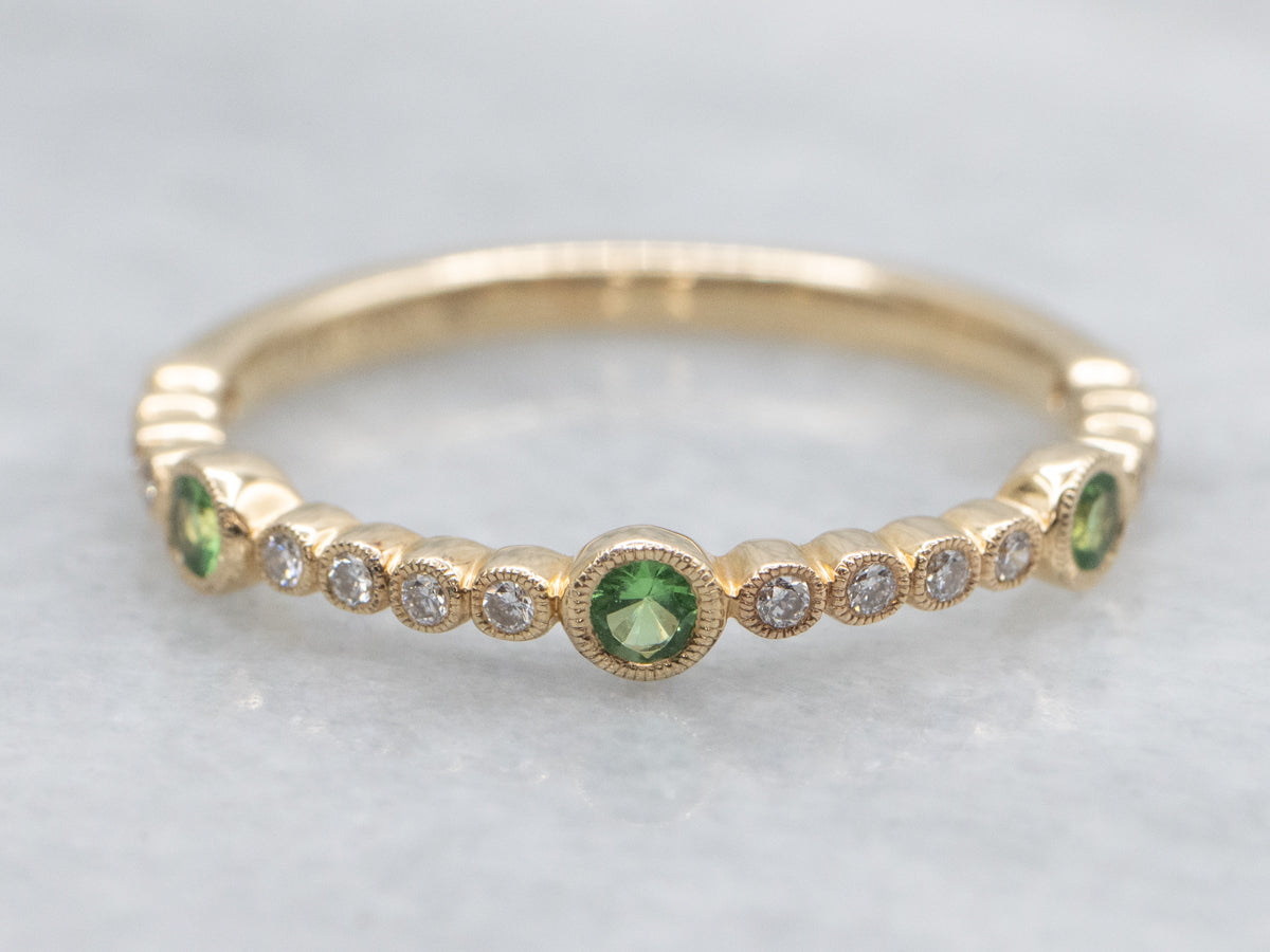 Tsavorite Garnet and Diamond Yellow Gold Band