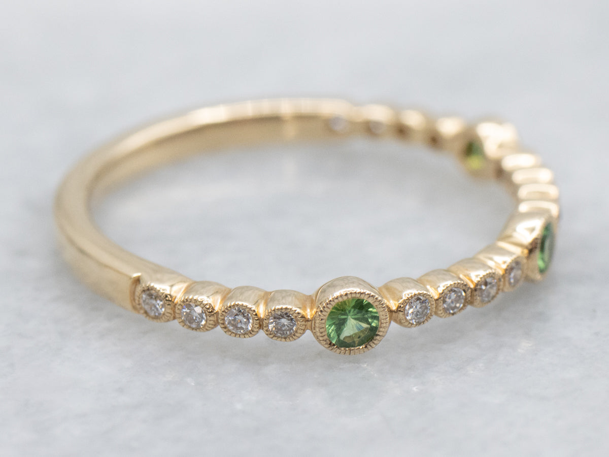 Tsavorite Garnet and Diamond Yellow Gold Band