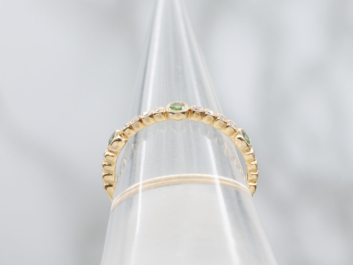 Tsavorite Garnet and Diamond Yellow Gold Band