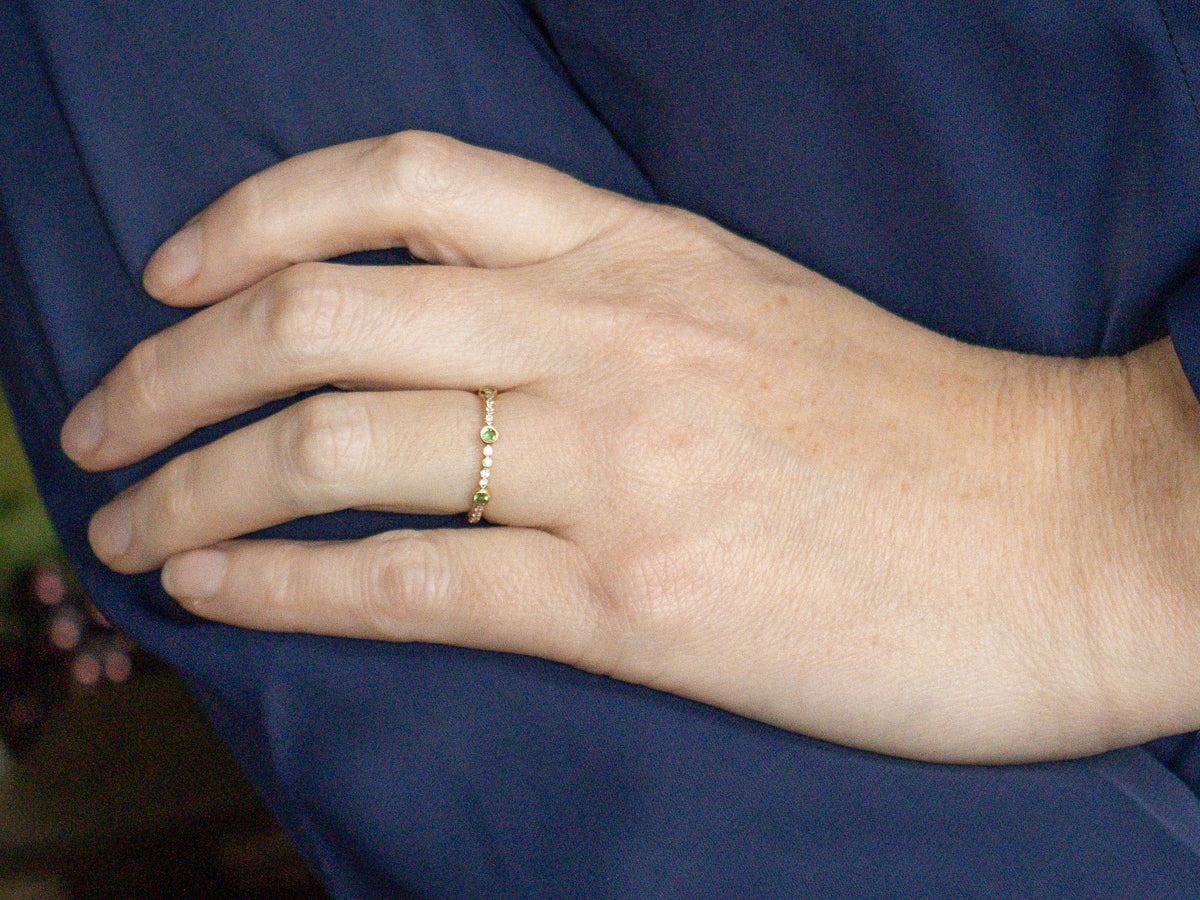 Tsavorite Garnet and Diamond Yellow Gold Band