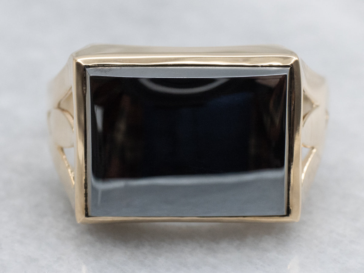 Men's East-to-West Set Hematite Yellow Gold Statement Ring