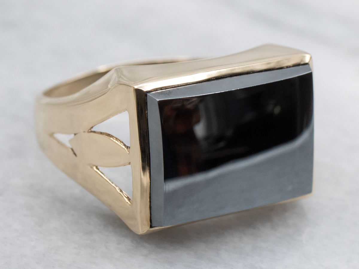 Men&#39;s East-to-West Set Hematite Yellow Gold Statement Ring