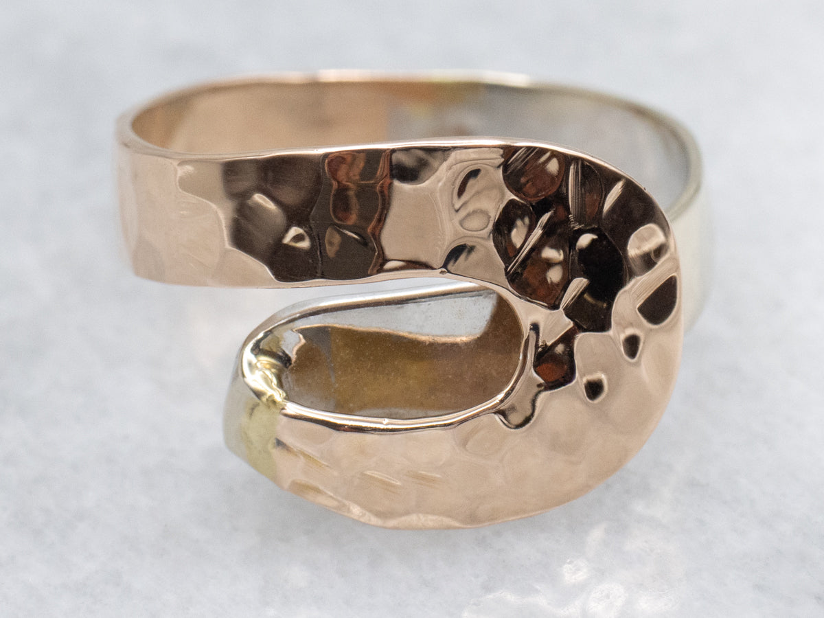 Two Tone Italian Gold Hammered Texture Modernist Band