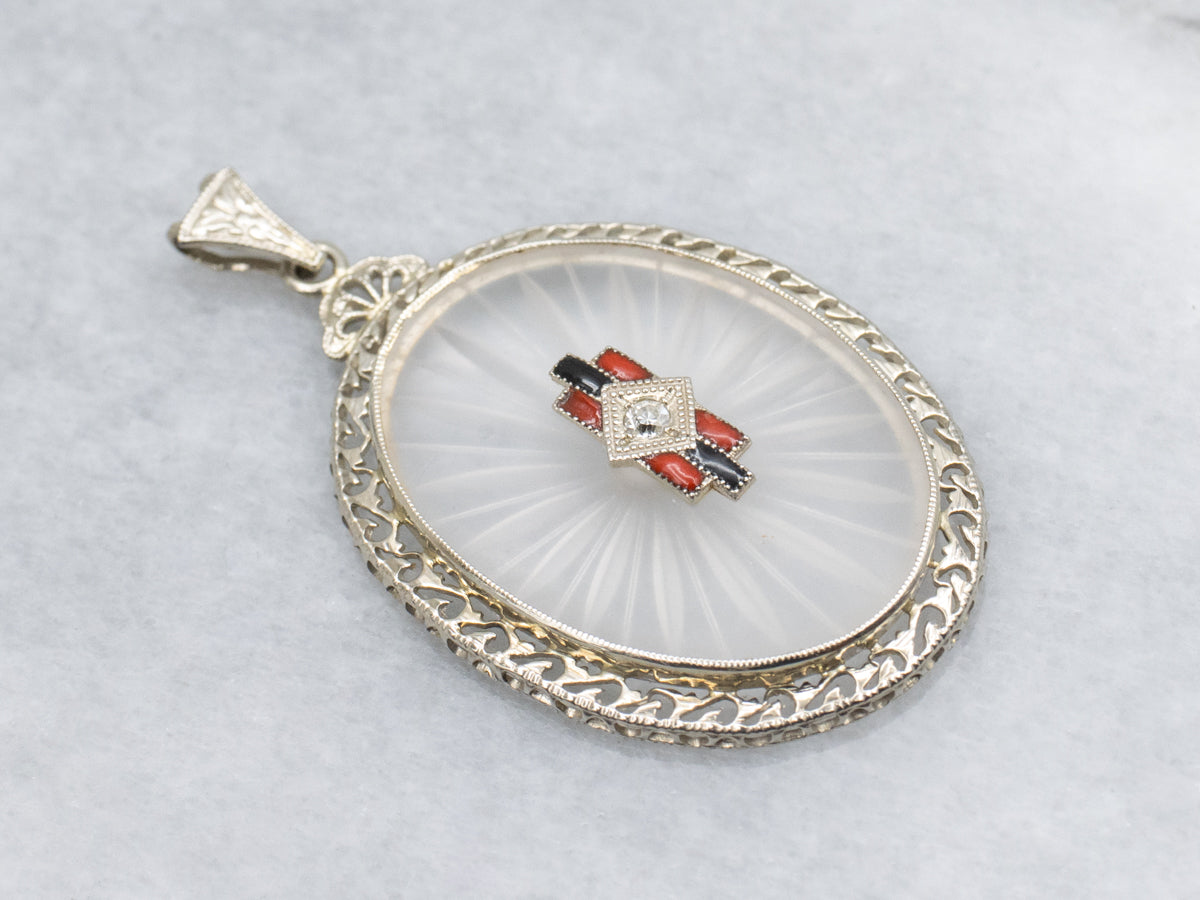 Art Deco Era Diamond and Camphor Glass Red and Black Enamel Pendant