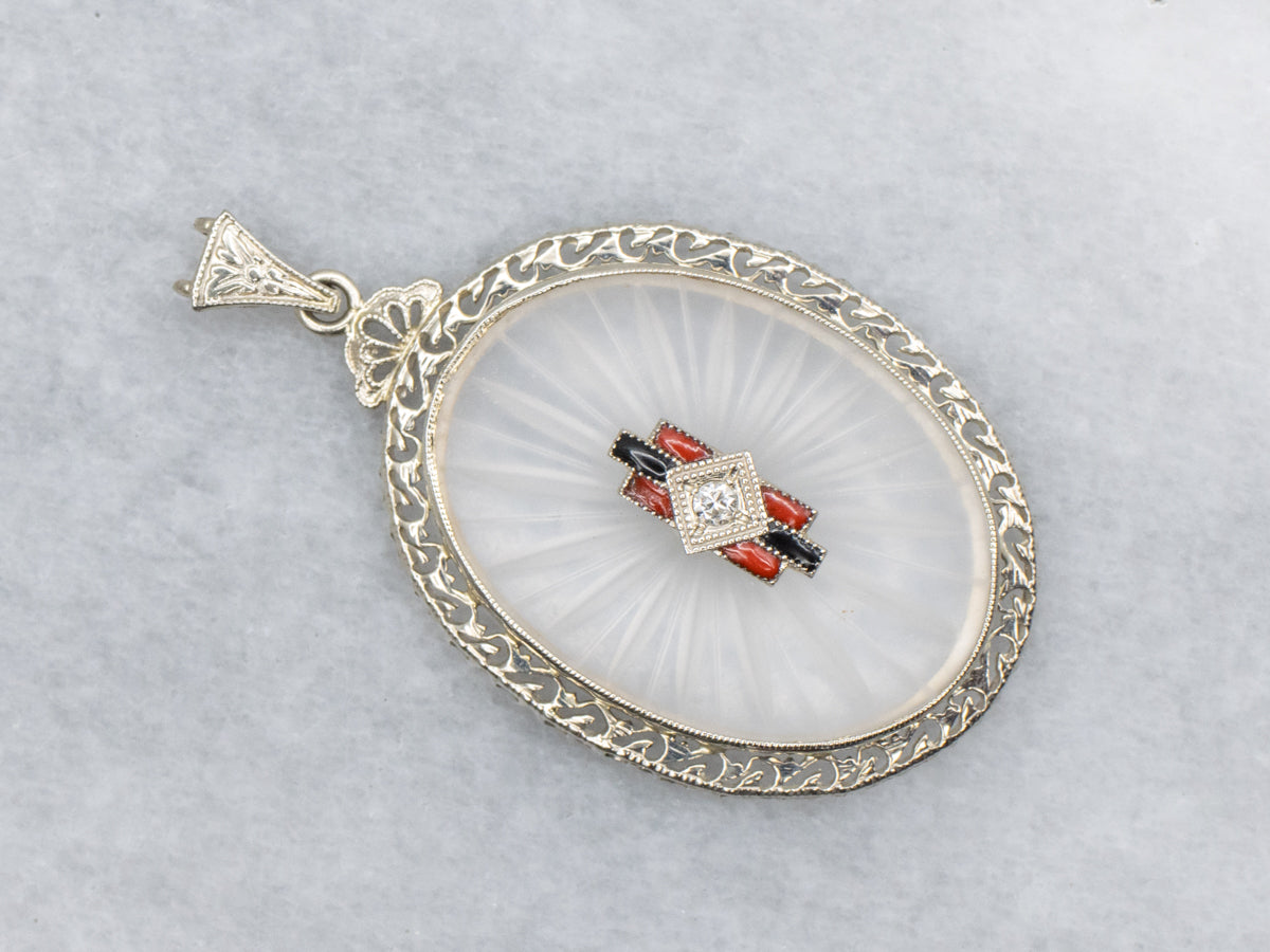 Art Deco Era Diamond and Camphor Glass Red and Black Enamel Pendant