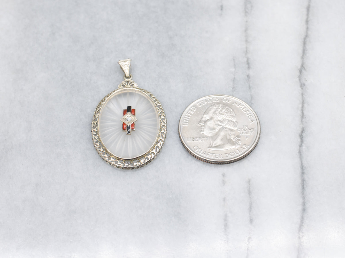 Art Deco Era Diamond and Camphor Glass Red and Black Enamel Pendant