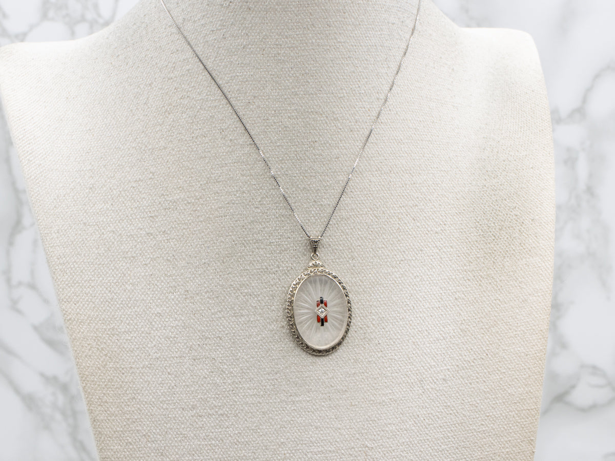 Art Deco Era Diamond and Camphor Glass Red and Black Enamel Pendant