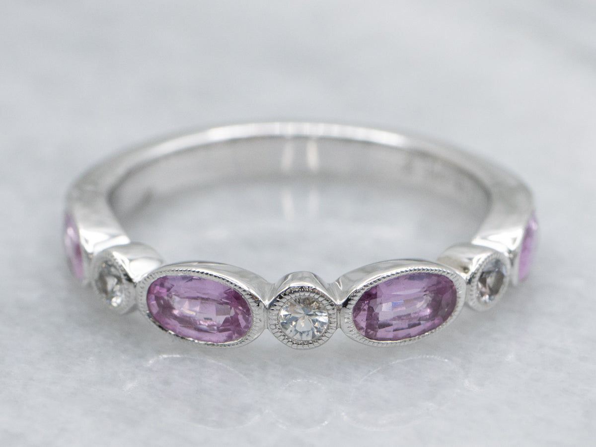 Bezel-Set Pink and White Sapphire White Gold Band