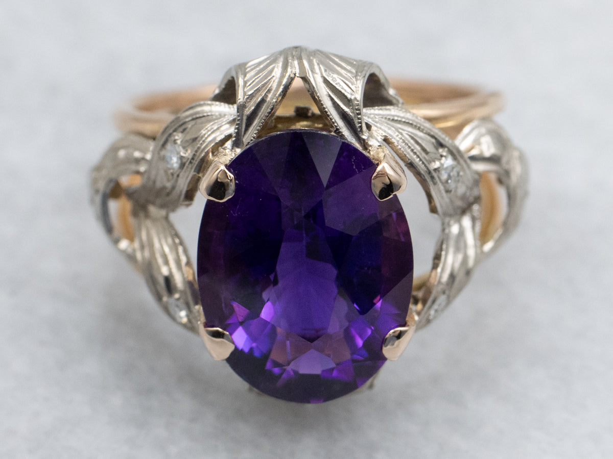 Amethyst and Diamond Two Tone Gold Retro Era Cocktail Ring