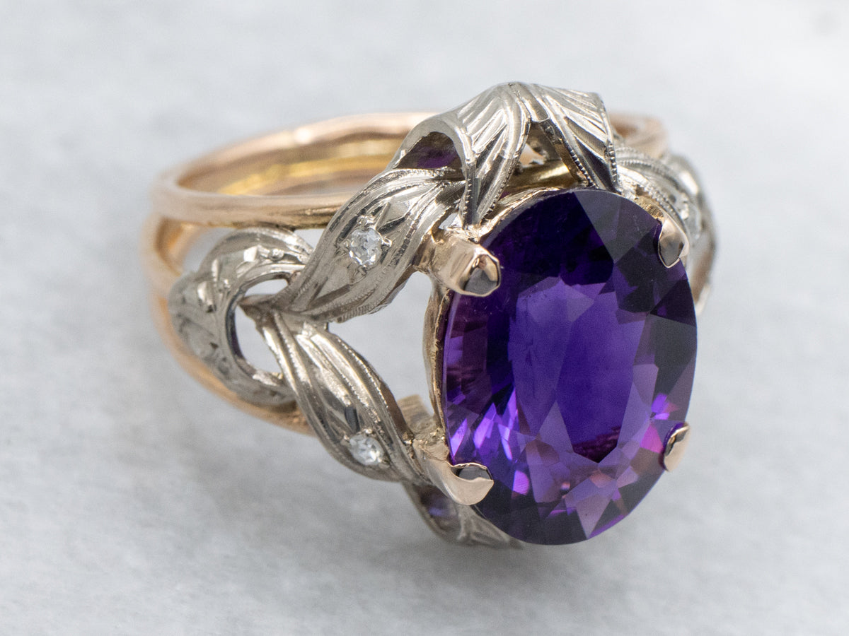 Amethyst and Diamond Two Tone Gold Retro Era Cocktail Ring