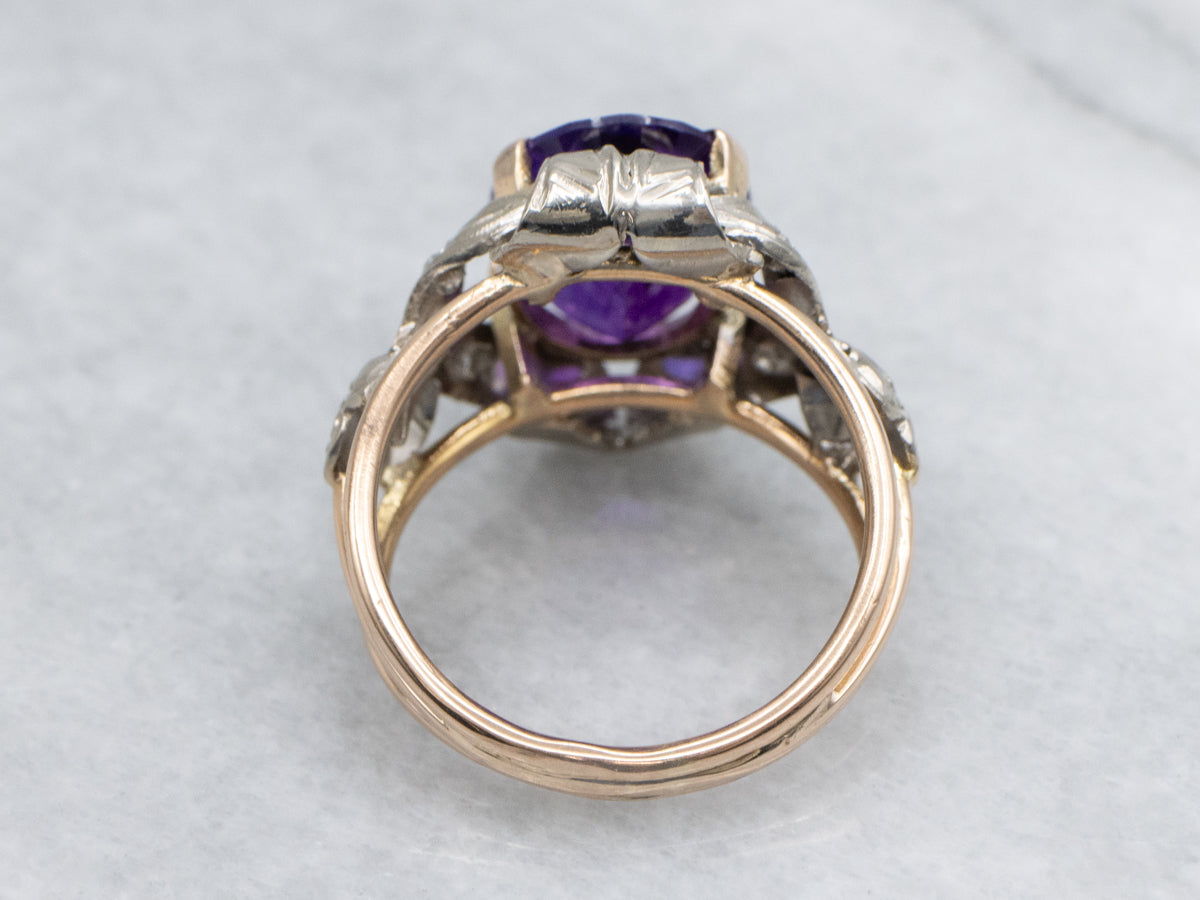Amethyst and Diamond Two Tone Gold Retro Era Cocktail Ring